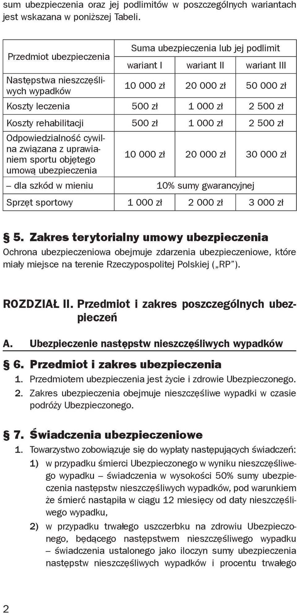 Koszty rehabilitacji 500 zł 1 000 zł 2 500 zł Odpowiedzialność cywilna związana z uprawianiem sportu objętego 10 000 zł 20 000 zł 30 000 zł umową ubezpieczenia dla szkód w mieniu 10% sumy