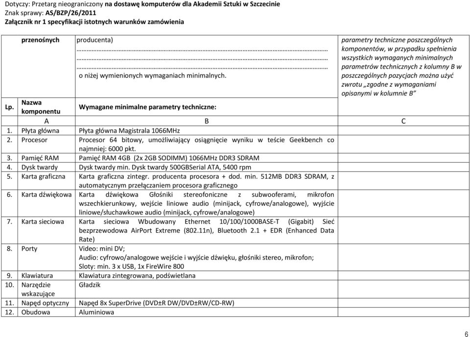 Procesor Procesor 64 bitowy, umożliwiający osiągnięcie wyniku w teście Geekbench co najmniej: 6000 pkt. 3. Pamięć RAM Pamięć RAM 4GB (2x 2GB SODIMM) 1066MHz DDR3 SDRAM 4. Dysk twardy Dysk twardy min.