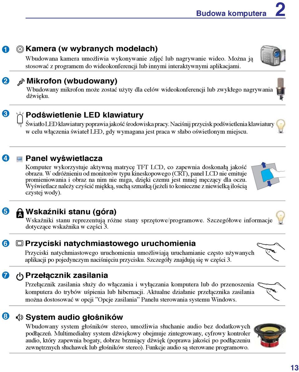 Mikrofon (wbudowany) Wbudowany mikrofon może zostać użyty dla celów wideokonferencji lub zwykłego nagrywania dźwięku.