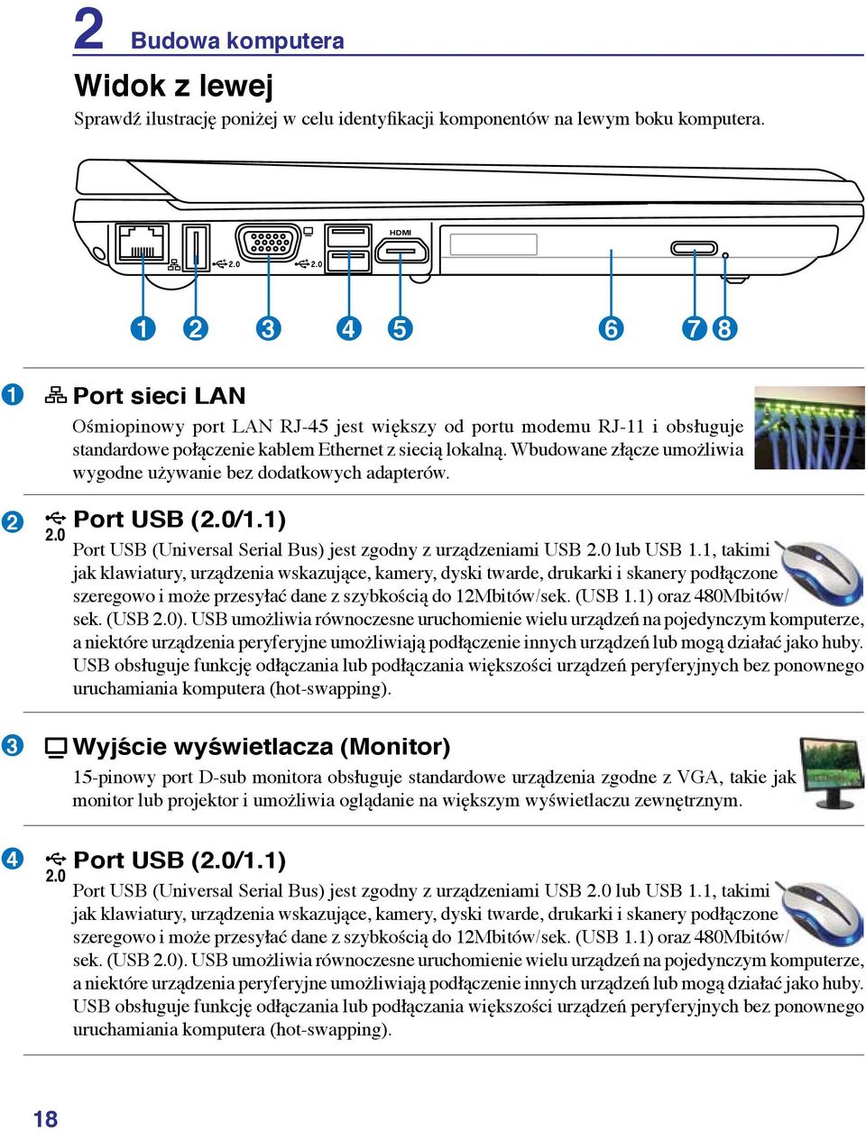 Wbudowane złącze umożliwia wygodne używanie bez dodatkowych adapterów. 2 3 2.0 Port USB (2.0/1.1) Port USB (Universal Serial Bus) jest zgodny z urządzeniami USB 2.0 lub USB 1.