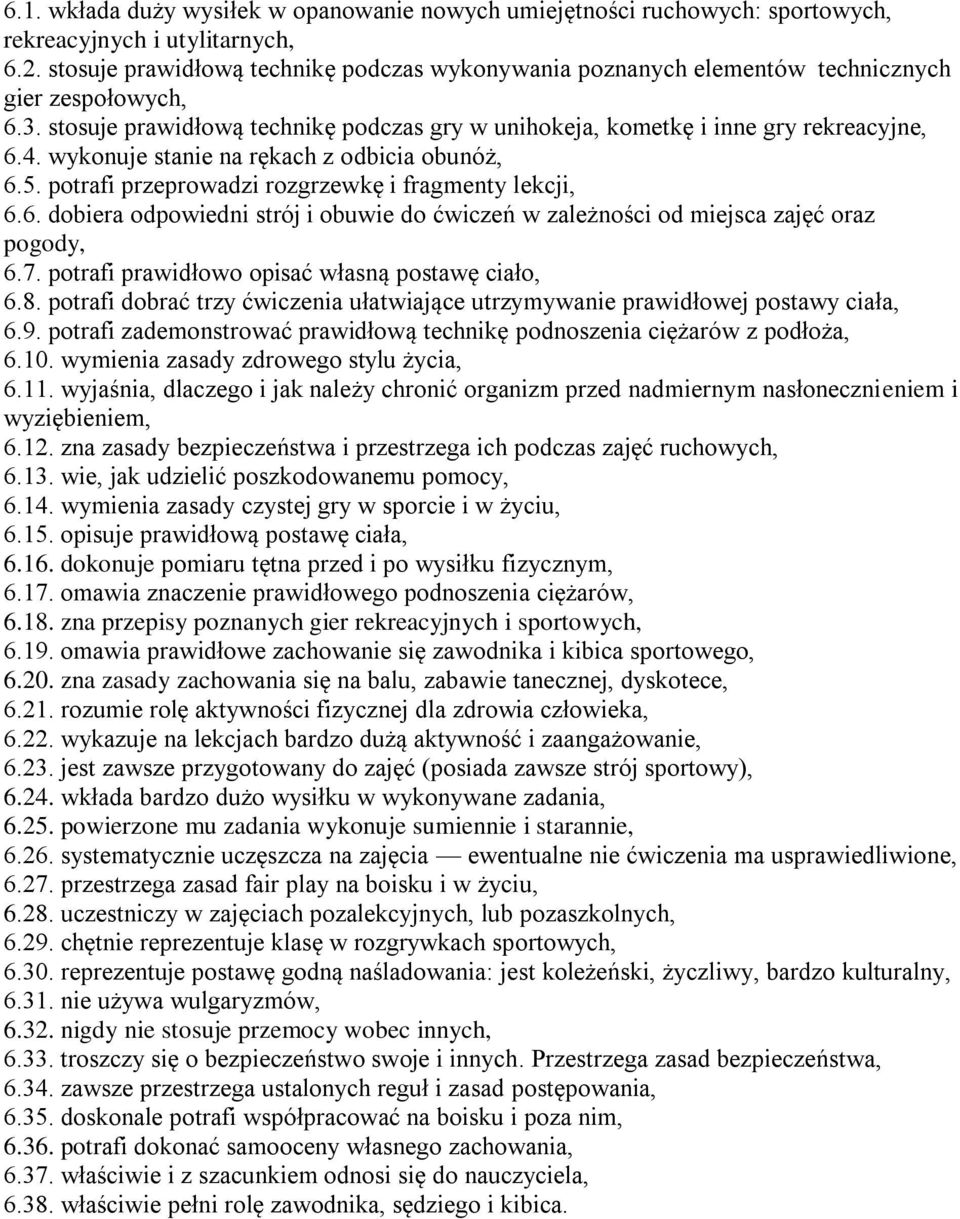 wykonuje stanie na rękach z odbicia obunóż, 6.5. potrafi przeprowadzi rozgrzewkę i fragmenty lekcji, 6.6. dobiera odpowiedni strój i obuwie do ćwiczeń w zależności od miejsca zajęć oraz pogody, 6.7.