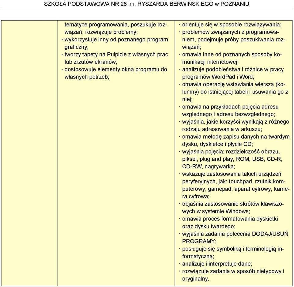 internetowej; analizuje podobieństwa i różnice w pracy programów WordPad i Word; omawia operację wstawiania wiersza (kolumny) do istniejącej tabeli i usuwania go z niej; omawia na przykładach pojęcia