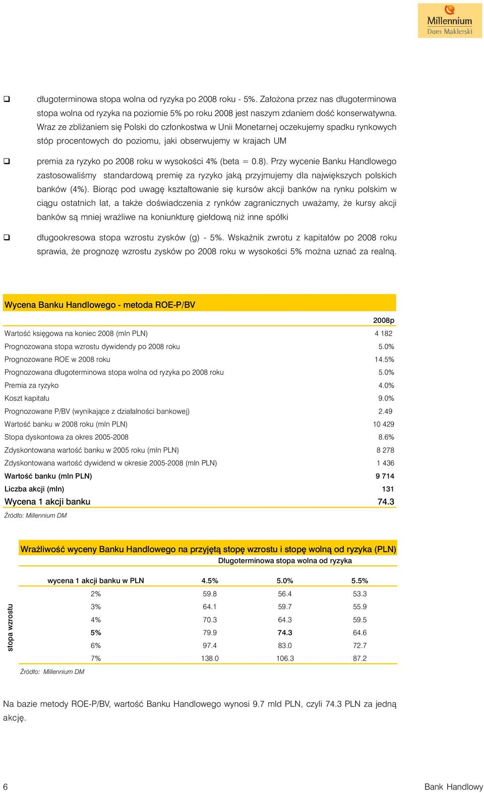 (beta = 0.8). Przy wycenie Banku Handlowego zastosowaliśmy standardową premię za ryzyko jaką przyjmujemy dla największych polskich banków (4%).