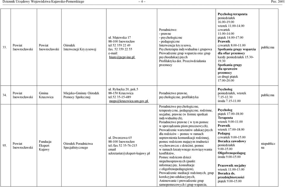 Przeciwdziałania przemocy -terapeuta 16.00-19.00 wtorek 11.00-14.00 czwartek 11.00-14.00 piątek 14.00-17.00 czwartek 8.00-11.00 Spotkania grupy wsparcia dla ofiar przemocy każdy 15.30-19.