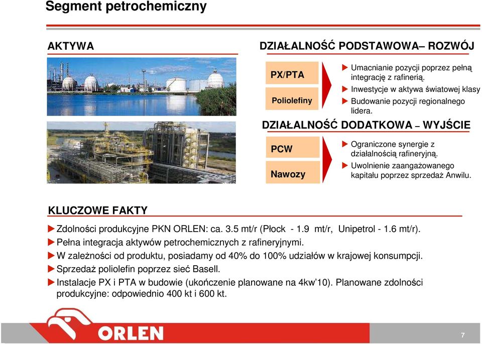 KLUCZOWE FAKTY Zdolności produkcyjne PKN ORLEN: ca. 3.5 mt/r (Płock - 1.9 mt/r, Unipetrol - 1.6 mt/r). Pełna integracja aktywów petrochemicznych z rafineryjnymi.
