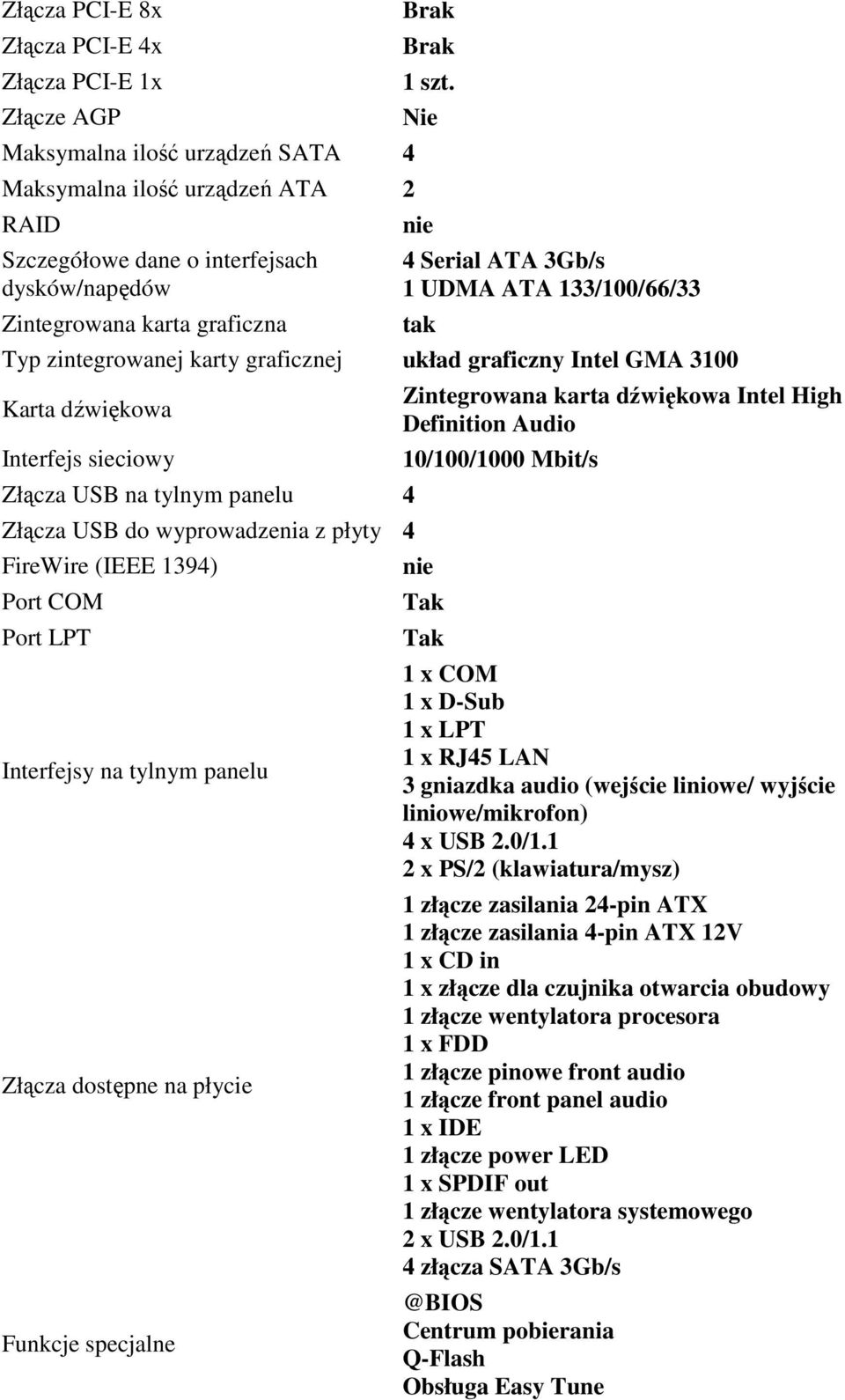 Nie nie 4 Serial ATA 3Gb/s 1 UDMA ATA 133/100/66/33 Typ zintegrowanej karty graficznej układ graficzny Intel GMA 3100 Karta dźwiękowa Interfejs sieciowy Złącza USB na tylnym panelu 4 Złącza USB do