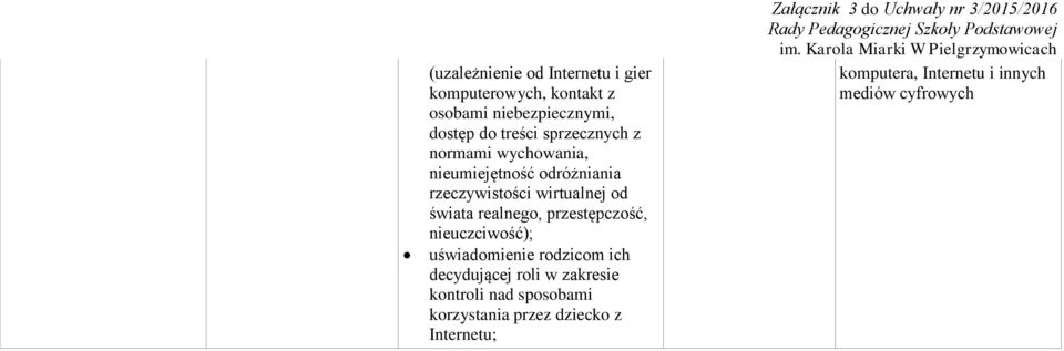 realnego, przestępczość, nieuczciwość); uświadomienie rodzicom ich decydującej roli w zakresie