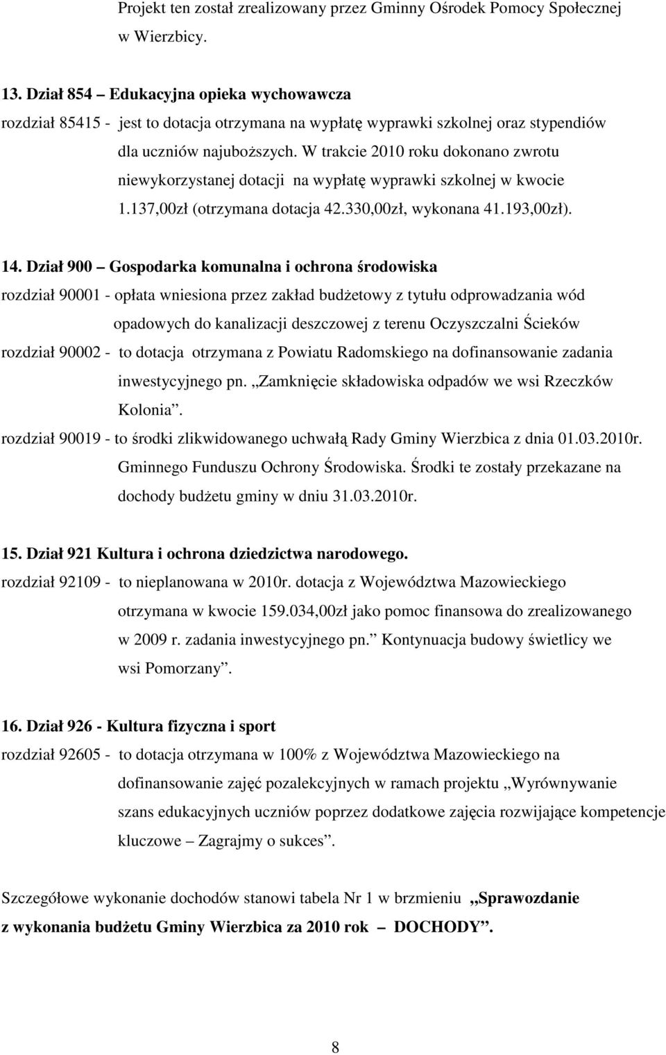 W trakcie 2010 roku dokonano zwrotu niewykorzystanej dotacji na wypłatę wyprawki szkolnej w kwocie 1.137,00zł (otrzymana dotacja 42.330,00zł, wykonana 41.193,00zł). 14.