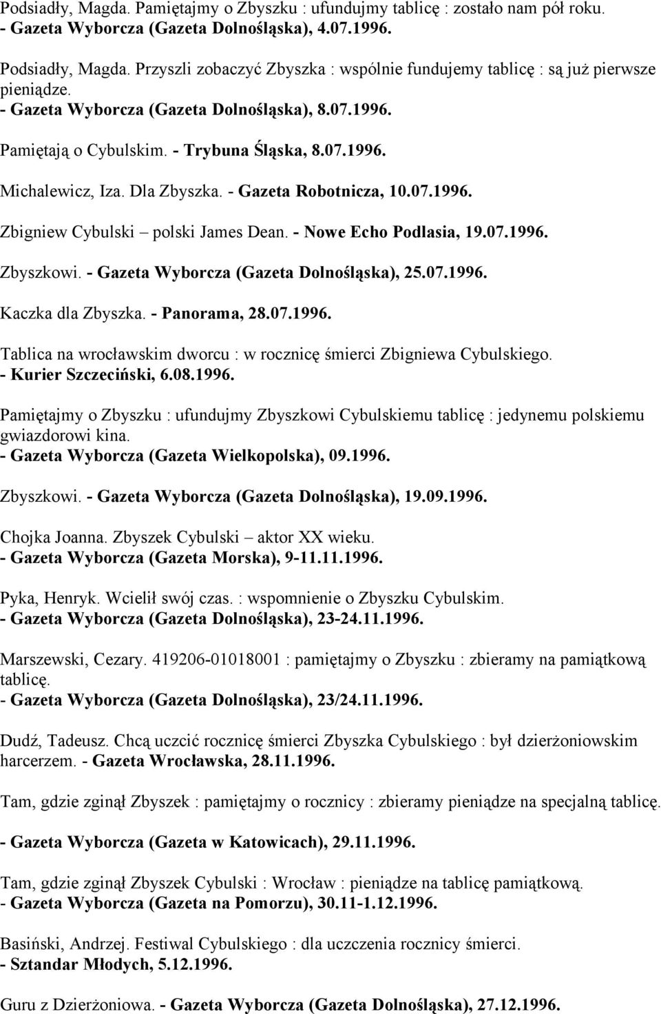 Dla Zbyszka. - Gazeta Robotnicza, 10.07.1996. Zbigniew Cybulski polski James Dean. - Nowe Echo Podlasia, 19.07.1996. Zbyszkowi. - Gazeta Wyborcza (Gazeta Dolnośląska), 25.07.1996. Kaczka dla Zbyszka.