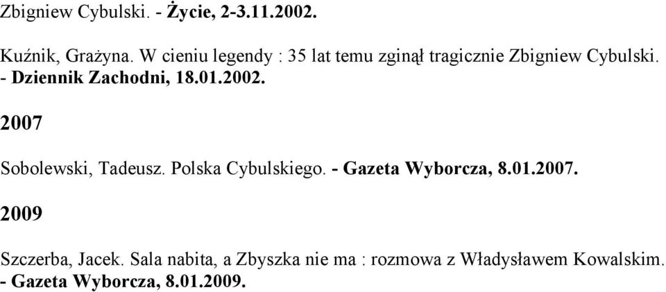 - Dziennik Zachodni, 18.01.2002. 2007 Sobolewski, Tadeusz. Polska Cybulskiego.