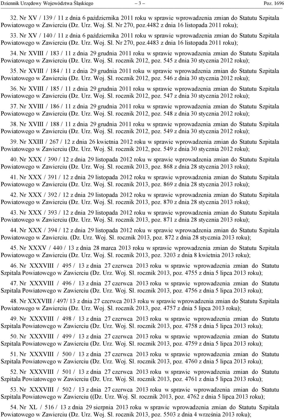 Nr 270, poz.4483 z dnia 16 listopada 2011 roku); 34. Nr XVIII / 183 / 11 z dnia 29 grudnia 2011 roku w sprawie wprowadzenia zmian do Statutu Szpitala Powiatowego w Zawierciu (Dz. Urz. Woj. Sl.