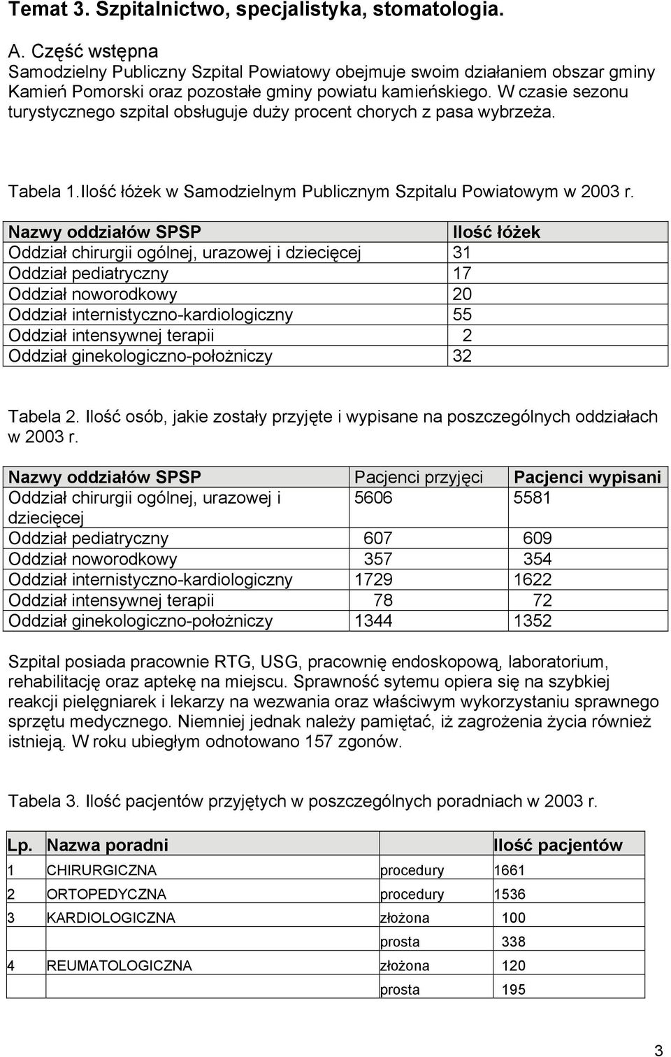 Nazwy oddziałów SPSP Ilość łóżek Oddział chirurgii ogólnej, urazowej i dziecięcej 31 Oddział pediatryczny 17 Oddział noworodkowy 20 Oddział internistyczno-kardiologiczny 55 Oddział intensywnej