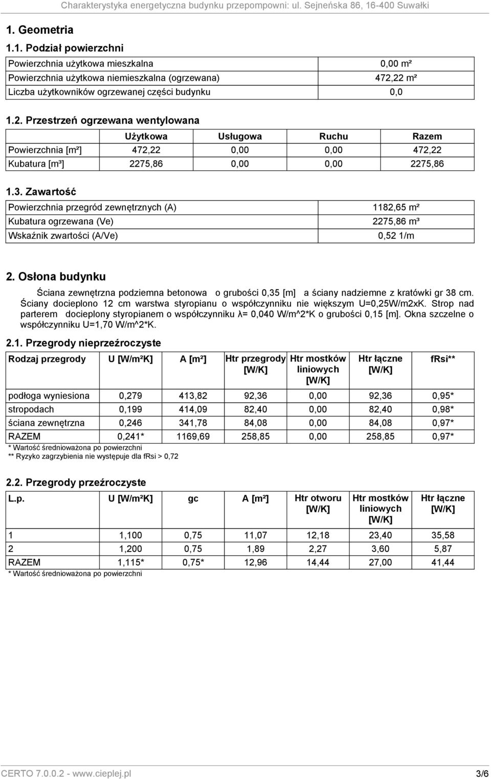 2. Przestrzeń ogrzewana wentylowana Użytkowa Usługowa Ruchu Razem Powierzchnia [m²] 472,22 0,00 0,00 472,22 Kubatura [m³] 2275,86 0,00 0,00 2275,86 1.3.