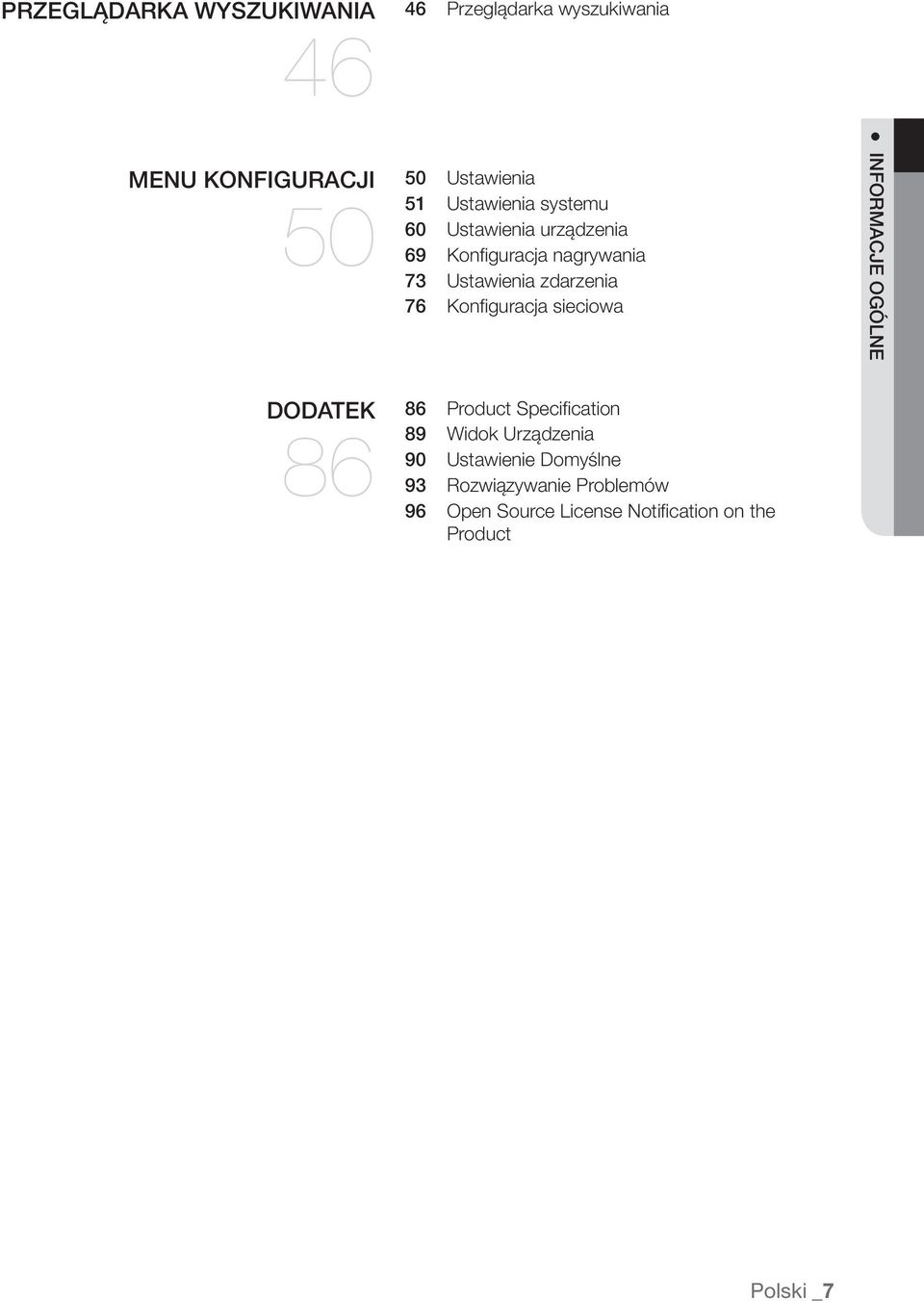 Konfiguracja sieciowa INFORMACJE OGÓLNE DODATEK 86 86 Product Specification 89 Widok Urządzenia 90