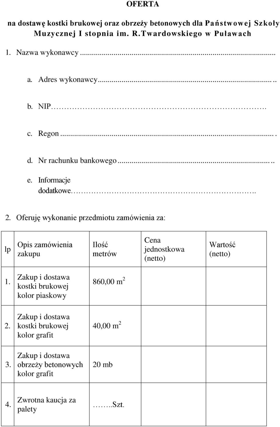 Oferuję wykonanie przedmiotu zamówienia za: lp Opis zamówienia zakupu Ilość metrów Cena jednostkowa (netto) Wartość (netto) 1.