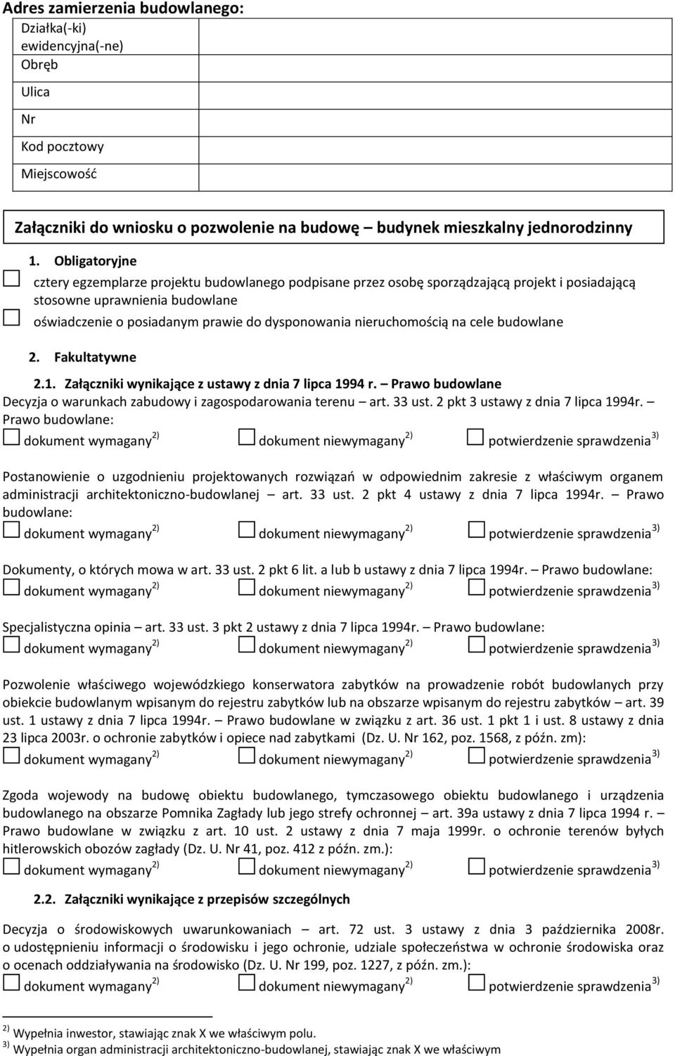 nieruchomością na cele budowlane 2. Fakultatywne 2.1. Załączniki wynikające z ustawy z dnia 7 lipca 1994 r. Prawo budowlane Decyzja o warunkach zabudowy i zagospodarowania terenu art. 33 ust.