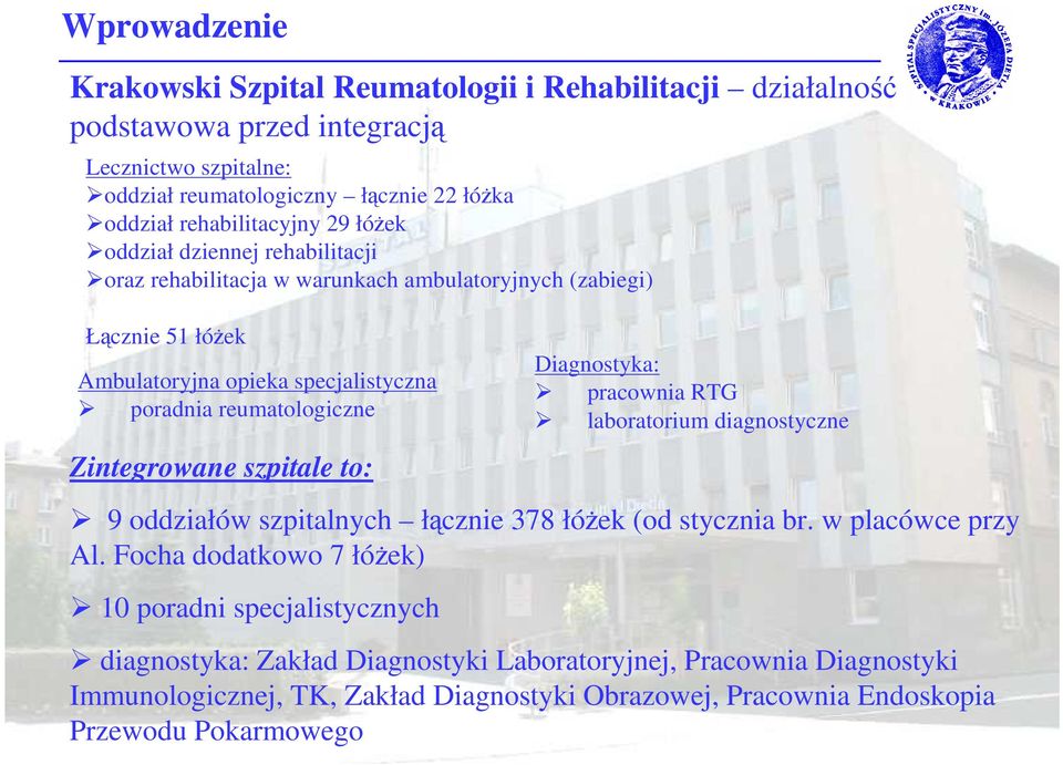 reumatologiczne Zintegrowane szpitale to: Diagnostyka: pracownia RTG laboratorium diagnostyczne 9 oddziałów szpitalnych łącznie 378 łóŝek (od stycznia br. w placówce przy Al.