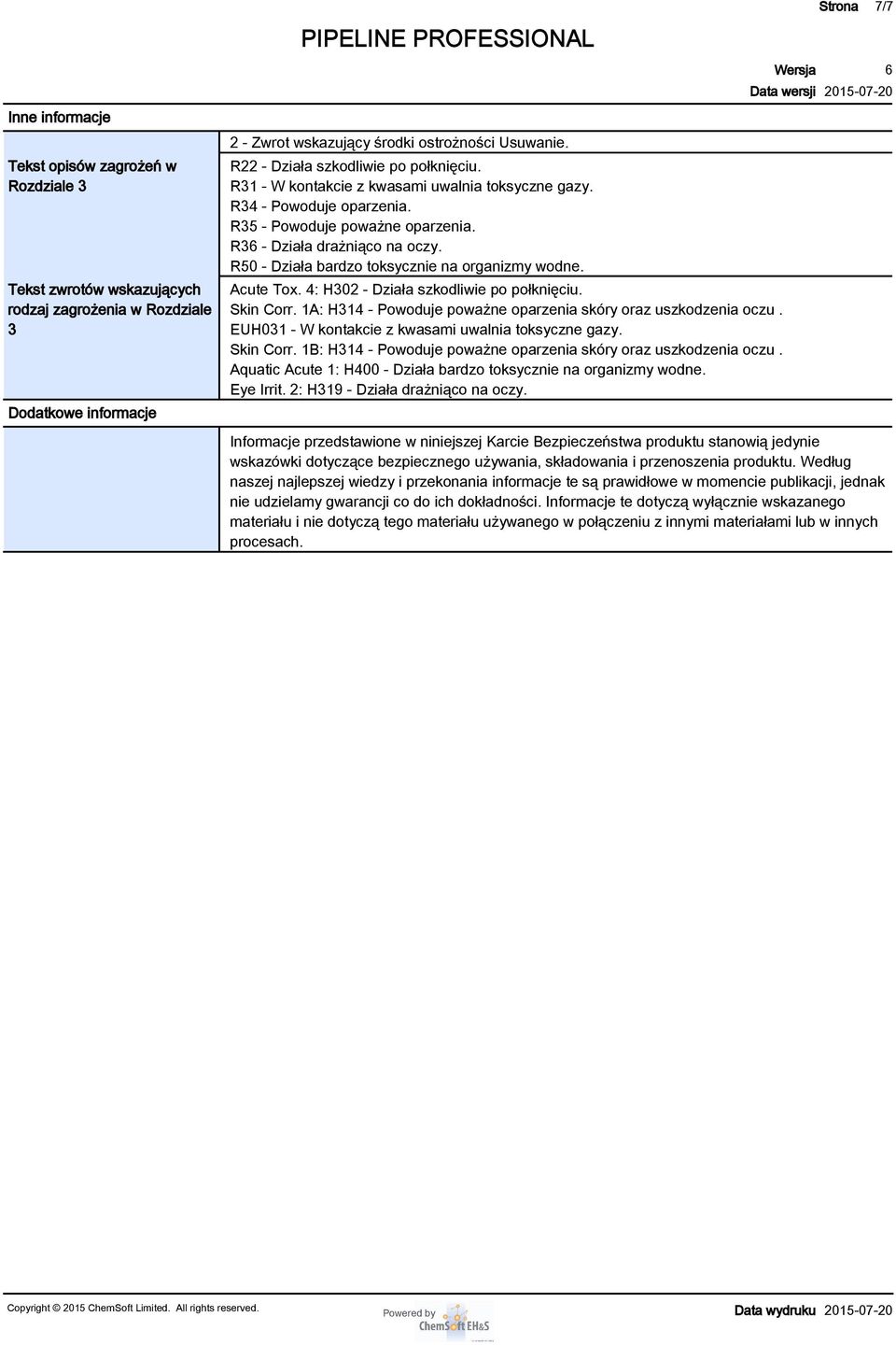 R50 - Działa bardzo toksycznie na organizmy wodne. Acute Tox. 4: H302 - Działa szkodliwie po połknięciu. Skin Corr. 1A: H314 - Powoduje poważne oparzenia skóry oraz uszkodzenia oczu.