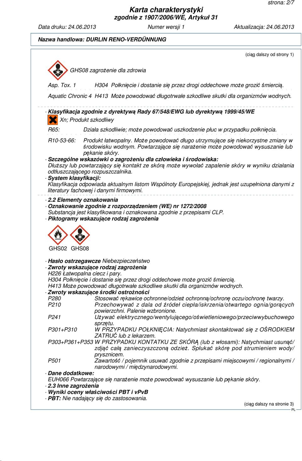 Klasyfikacja zgodnie z dyrektywą Rady 67/548/EWG lub dyrektywą 1999/45/WE Xn; Produkt szkodliwy R65: Działa szkodliwie; może powodować uszkodzenie płuc w przypadku połknięcia.