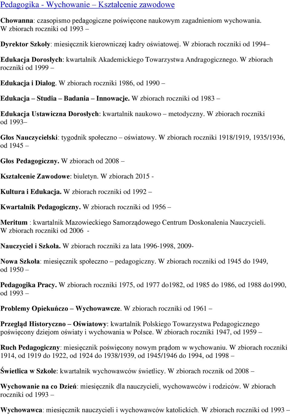 W zbiorach roczniki od 1999 Edukacja i Dialog. W zbiorach roczniki 1986, od 1990 Edukacja Studia Badania Innowacje.