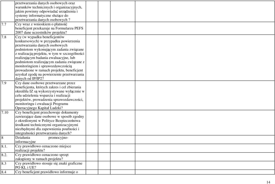 8 Czy (w wypadku beneficjentów konkursowych) w przypadku powierzenia przetwarzania danych osobowych podmiotom wykonującym zadania związane z realizacją projektu, w tym w szczególności realizującym