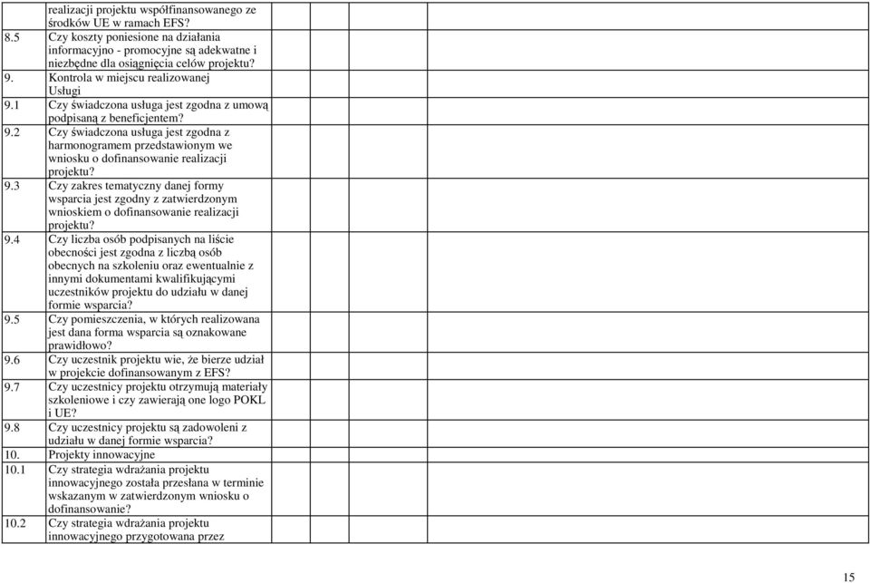 9.3 Czy zakres tematyczny danej formy wsparcia jest zgodny z zatwierdzonym wnioskiem o dofinansowanie realizacji projektu? 9.