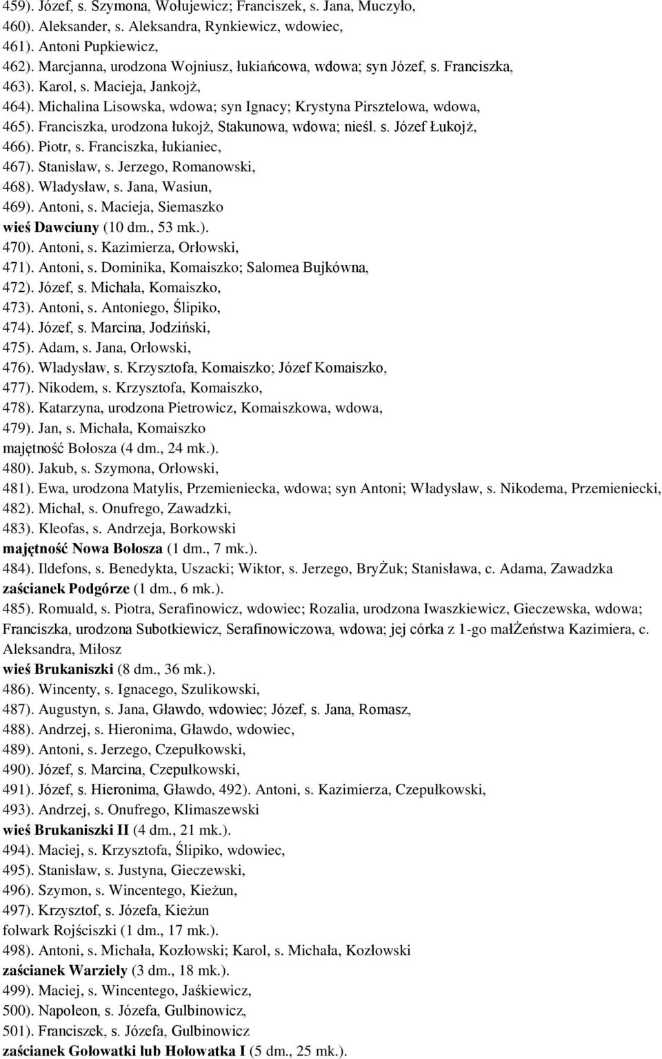 Franciszka, urodzona łukojż, Stakunowa, wdowa; nieśl. s. Józef Łukojż, 466). Piotr, s. Franciszka, łukianiec, 467). Stanisław, s. Jerzego, Romanowski, 468). Władysław, s. Jana, Wasiun, 469).
