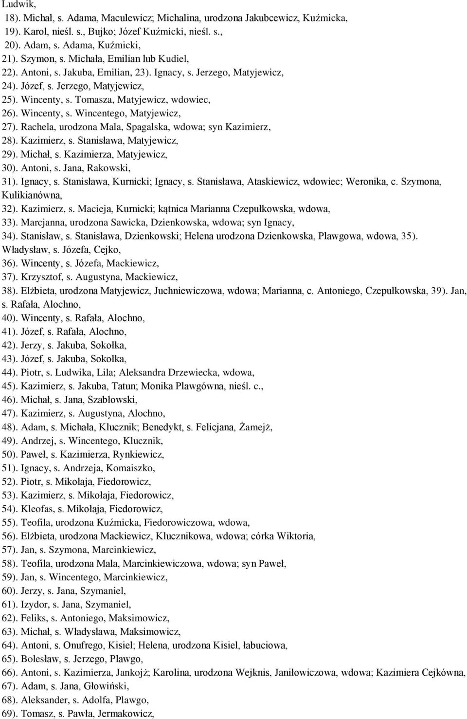 Rachela, urodzona Mala, Spagalska, wdowa; syn Kazimierz, 28). Kazimierz, s. Stanisława, Matyjewicz, 29). Michał, s. Kazimierza, Matyjewicz, 30). Antoni, s. Jana, Rakowski, 31). Ignacy, s.