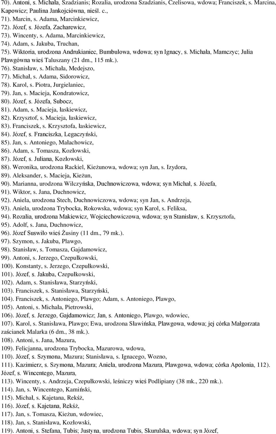 Michała, Mamczyc; Julia Plawgówna wieś Taluszany (21 dm., 115 mk.). 76). Stanisław, s. Michała, Medejszo, 77). Michał, s. Adama, Sidorowicz, 78). Karol, s. Piotra, Jurgielaniec, 79). Jan, s.