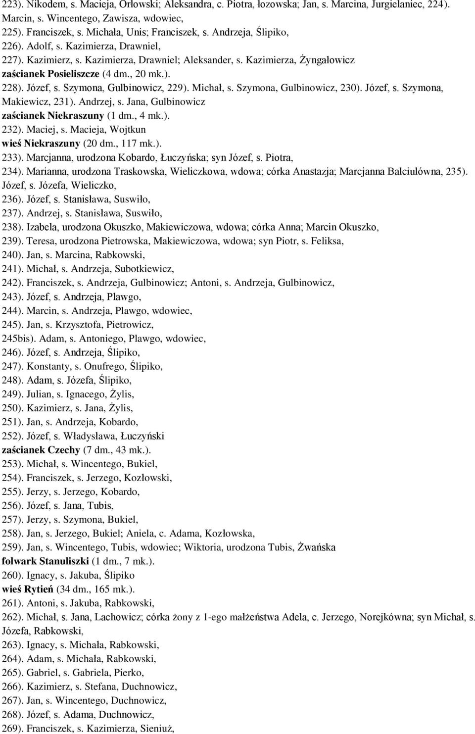 Szymona, Gulbinowicz, 229). Michał, s. Szymona, Gulbinowicz, 230). Józef, s. Szymona, Makiewicz, 231). Andrzej, s. Jana, Gulbinowicz zaścianek Niekraszuny (1 dm., 4 mk.). 232). Maciej, s.