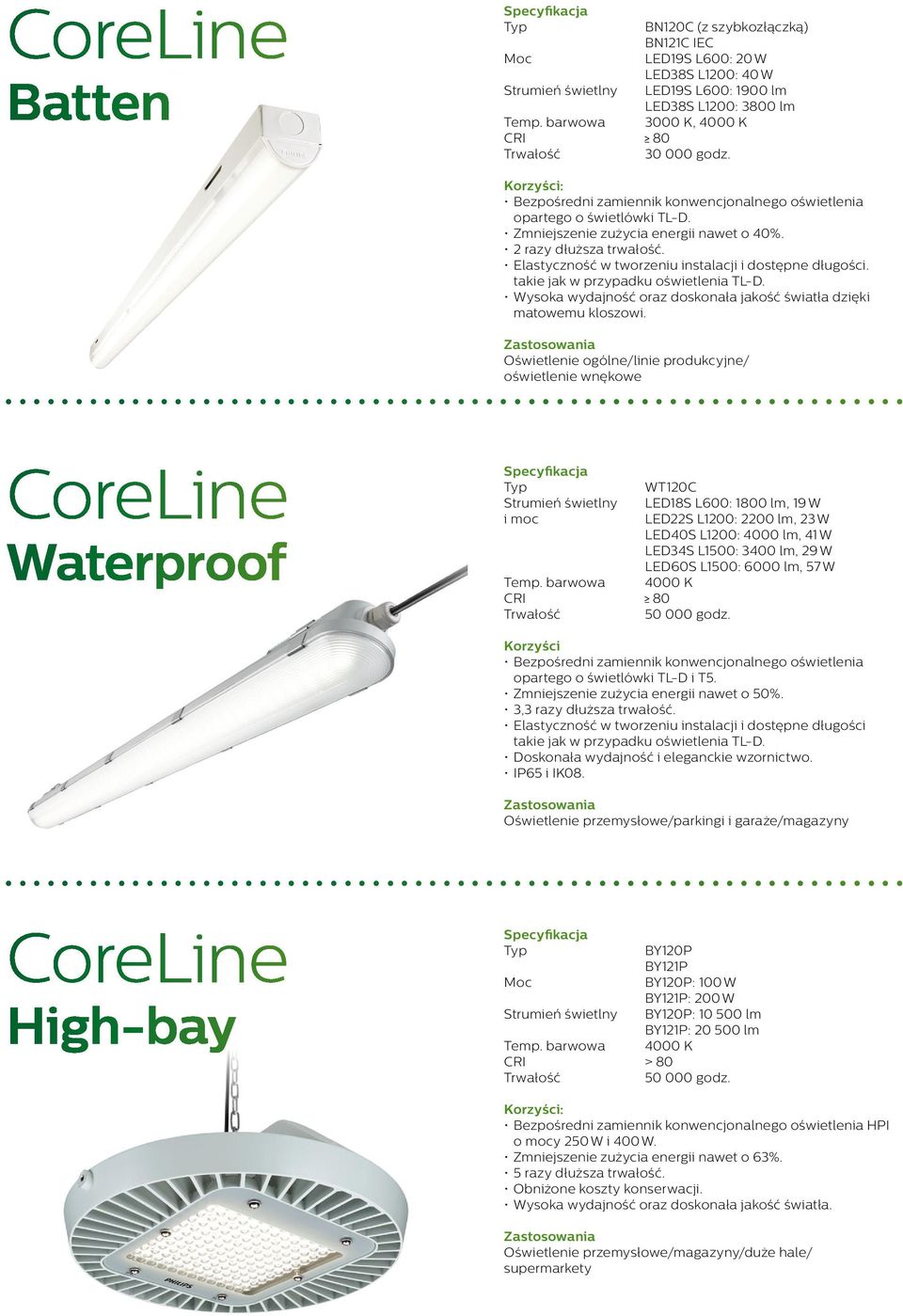 Oświetlenie ogólne/linie produkcyjne/ oświetlenie wnękowe i moc WT120C LED18S L600: 1800 lm, 19 W LED22S L1200: 2200 lm, 23 W LED40S L1200: 4000 lm, 41 W LED34S L1500: 3400 lm, 29 W LED60S L1500: