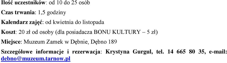 Zamek w Dębnie, Dębno 189 Szczegółowe informacje i