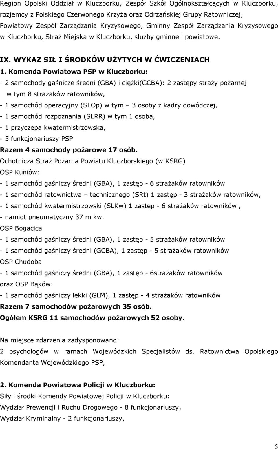 Komenda Powiatowa PSP w Kluczborku: - 2 samochody gaśnicze średni (GBA) i ciężki(gcba): 2 zastępy straży pożarnej w tym 8 strażaków ratowników, - 1 samochód operacyjny (SLOp) w tym 3 osoby z kadry