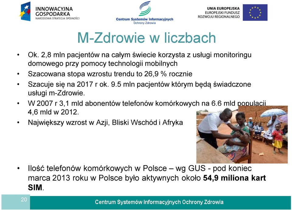 trendu to 26,9 % rocznie Szacuje się na 2017 r ok. 9.5 mln pacjentów którym będą świadczone usługi m-zdrowie.