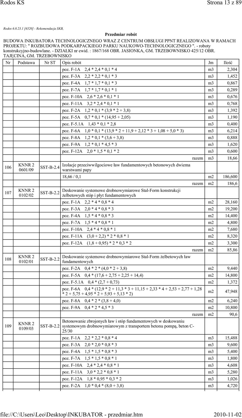 F-5A 0,7 * 0,1 * (14,95 + 2,05) m3 1,190 poz. F-5.1A 1,43 * 0,1 * 2,8 m3 0,400 poz. F-6A 1,0 * 0,1 * (13,9 * 2 + 11,9 + 2,12 * 3 + 1,08 + 5,0 * 3) m3 6,214 poz.