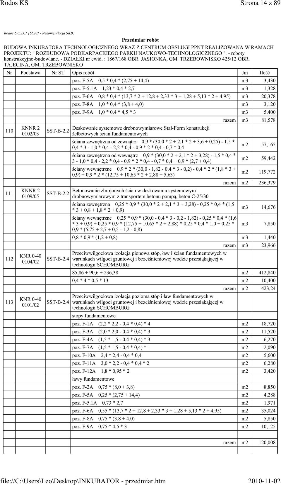 F-9A 1,0 * 0,4 * 4,5 * 3 m3 5,400 Deskowanie systemowe drobnowymiarowe Stal-Form konstrukcji żelbetowych ścian fundamentowych ściana zewnętrzna od zewnątrz 0,9 * (30,0 * 2 + 2,1 * 2 + 3,6 + 0,25) -