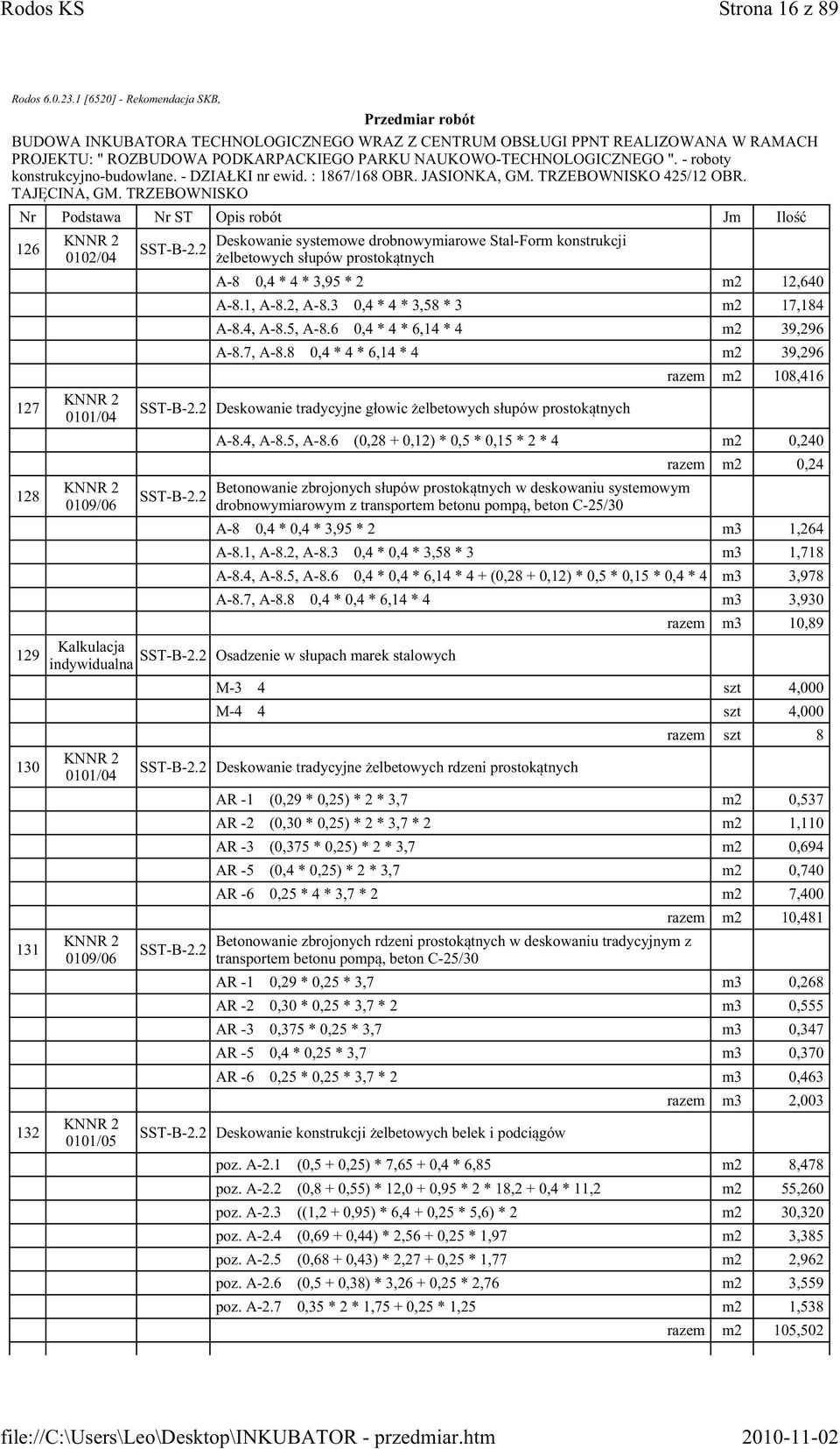 2 Deskowanie tradycyjne głowic żelbetowych słupów prostokątnych 2.2 razem m2 108,416 A-8.4, A-8.5, A-8.