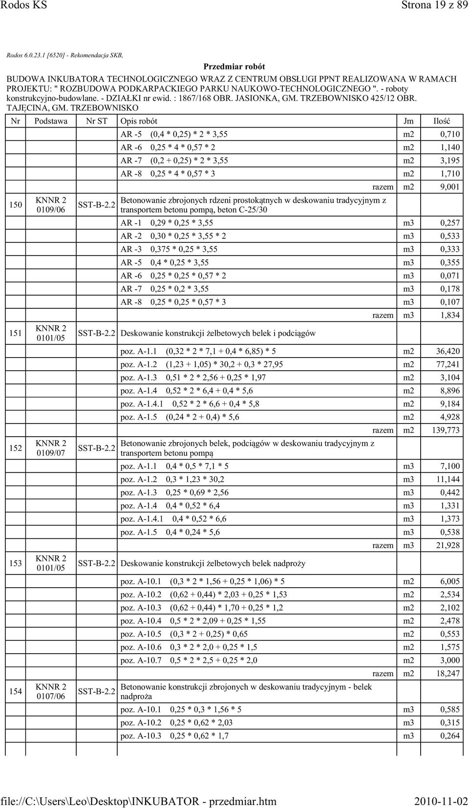 deskowaniu tradycyjnym z transportem betonu pompą, beton C-25/30 razem m2 9,001 AR -1 0,29 * 0,25 * 3,55 m3 0,257 AR -2 0,30 * 0,25 * 3,55 * 2 m3 0,533 AR -3 0,375 * 0,25 * 3,55 m3 0,333 AR -5 0,4 *