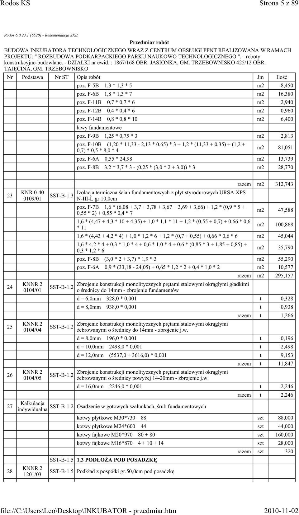 F-6A 0,55 * 24,98 m2 13,739 poz. F-8B 3,2 * 3,7 * 3 - (0,25 * (3,0 * 2 + 3,0)) * 3 m2 28,770 23 24 25 26 27 28 KNR 0-40 0109/01 0104/01 0104/04 0104/05 1.3 1.2 1.2 1.2 Izolacja termiczna ścian fundamentowych z płyt styrodurowych URSA XPS N-III-L gr.