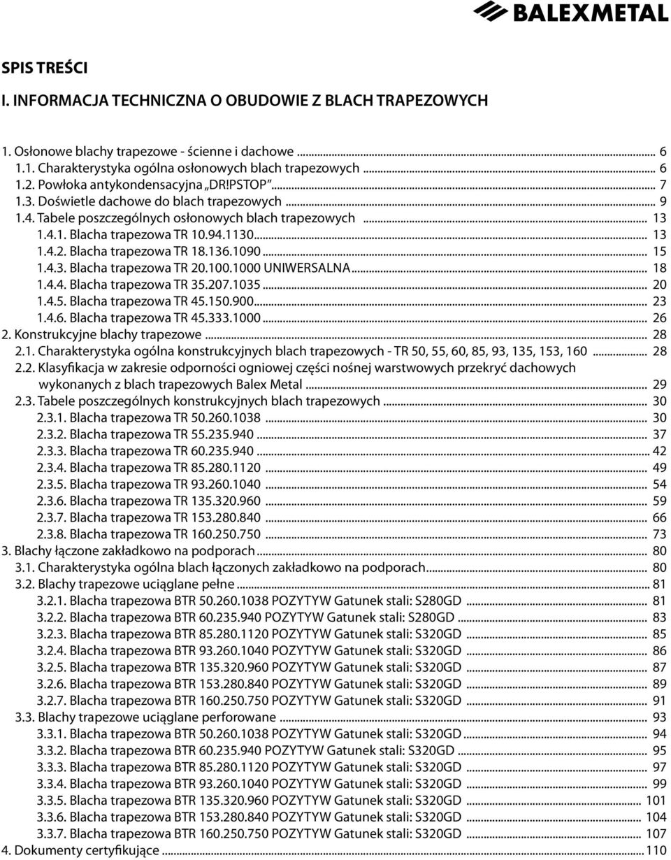 Blacha trapezowa TR 18.136.1090... 15 1.4.3. Blacha trapezowa TR 20.100.1000 UNIWERSALNA... 18 1.4.4. Blacha trapezowa TR 35.207.1035... 20 1.4.5. Blacha trapezowa TR 45.150.900... 23 1.4.6. Blacha trapezowa TR 45.333.