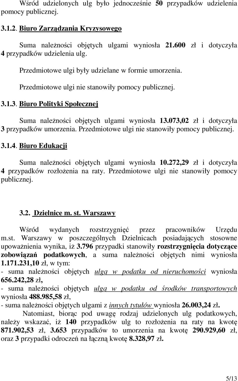 1.3. Biuro Polityki Społecznej Suma naleŝności objętych ulgami wyniosła 13.073,02 zł i dotyczyła 3 przypadków umorzenia. Przedmiotowe ulgi nie stanowiły pomocy publicznej. 3.1.4.