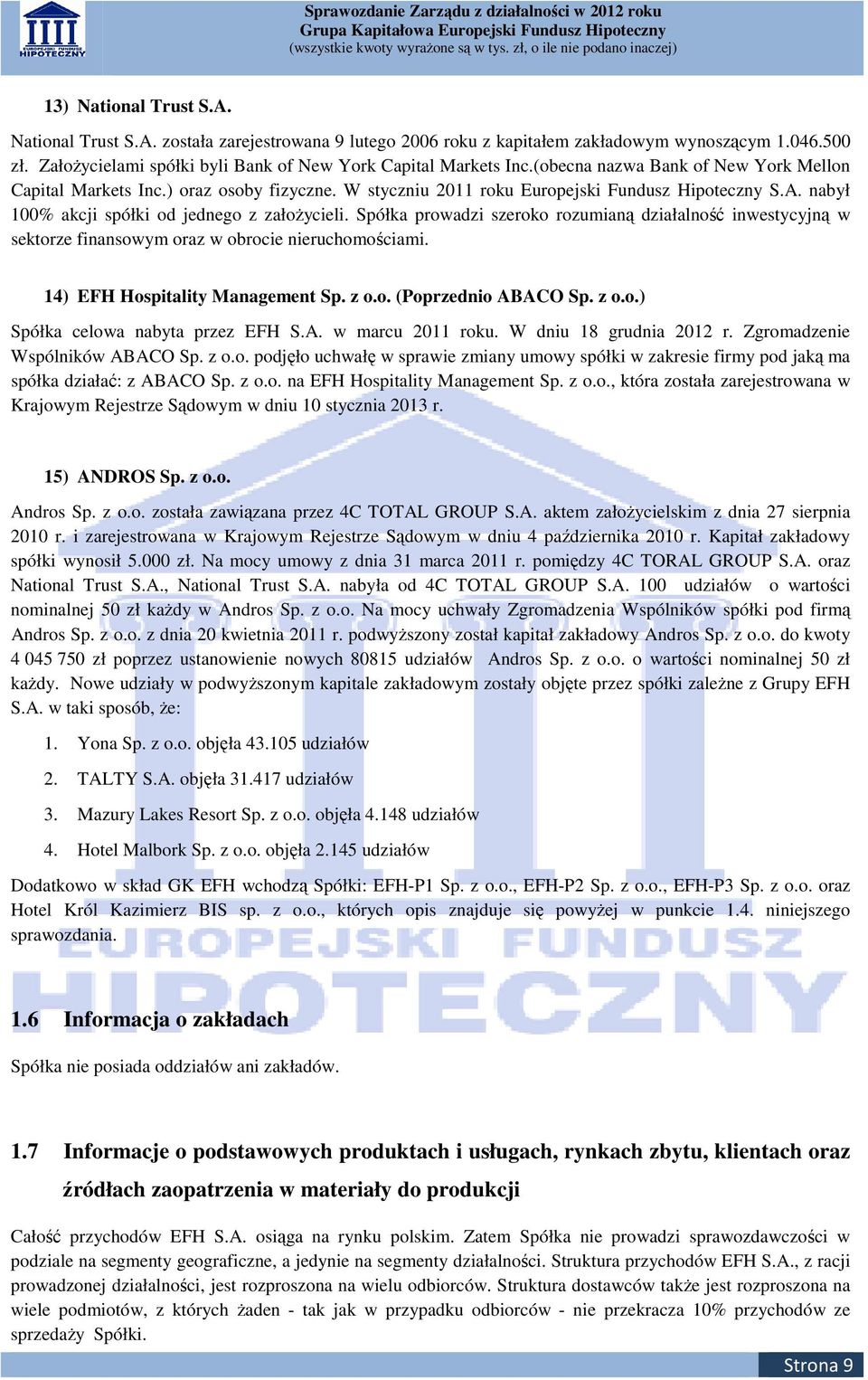 Spółka prowadzi szeroko rozumianą działalność inwestycyjną w sektorze finansowym oraz w obrocie nieruchomościami. 14) EFH Hospitality Management Sp. z o.o. (Poprzednio ABACO Sp. z o.o.) Spółka celowa nabyta przez EFH S.