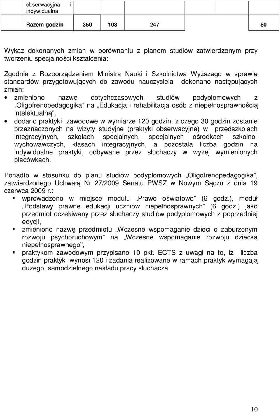 Edukacja i rehabilitacja osób z niepełnosprawnością intelektualną, dodano praktyki zawodowe w wymiarze 10 godzin, z czego 30 godzin zostanie przeznaczonych na wizyty studyjne (praktyki obserwacyjne)