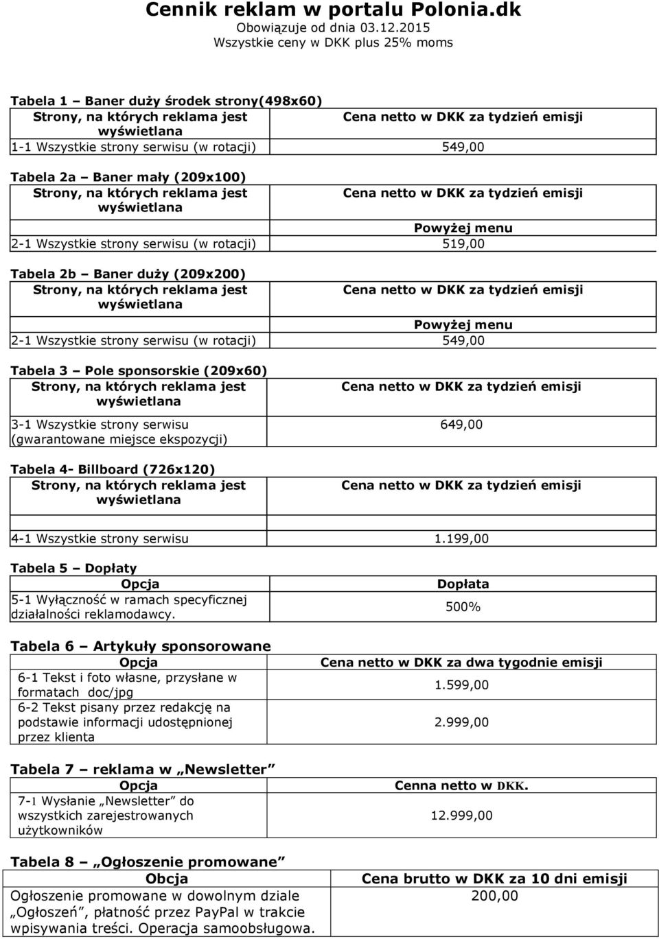 serwisu (w rotacji) 519,00 Tabela 2b Baner duży (209x200) Powyżej menu 2-1 Wszystkie strony serwisu (w rotacji) 549,00 Tabela 3 Pole sponsorskie (209x60) 3-1 Wszystkie strony serwisu (gwarantowane