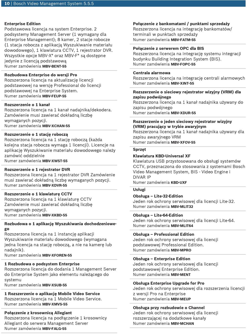 Wszystkie opcje MBV-X* oraz MBV-F* są dostępne jedynie z licencją podstawową Numer zamówienia MBV-BENT-55 Rozbudowa Enterprise do wersji Pro Rozszerzona licencja na aktualizację licencji podstawowej