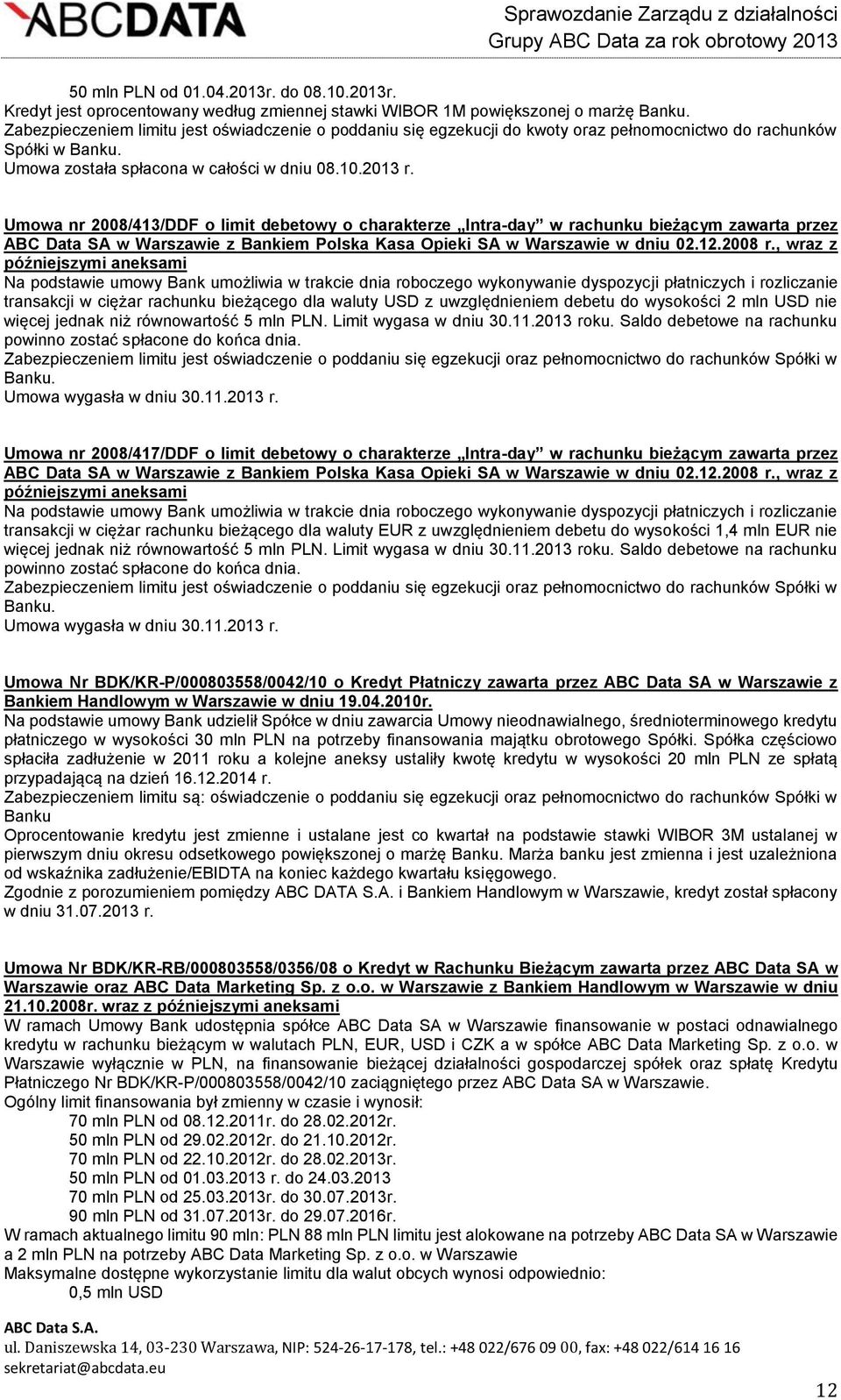 Umowa nr 2008/413/DDF o limit debetowy o charakterze Intra-day w rachunku bieżącym zawarta przez ABC Data SA w Warszawie z Bankiem Polska Kasa Opieki SA w Warszawie w dniu 02.12.2008 r.