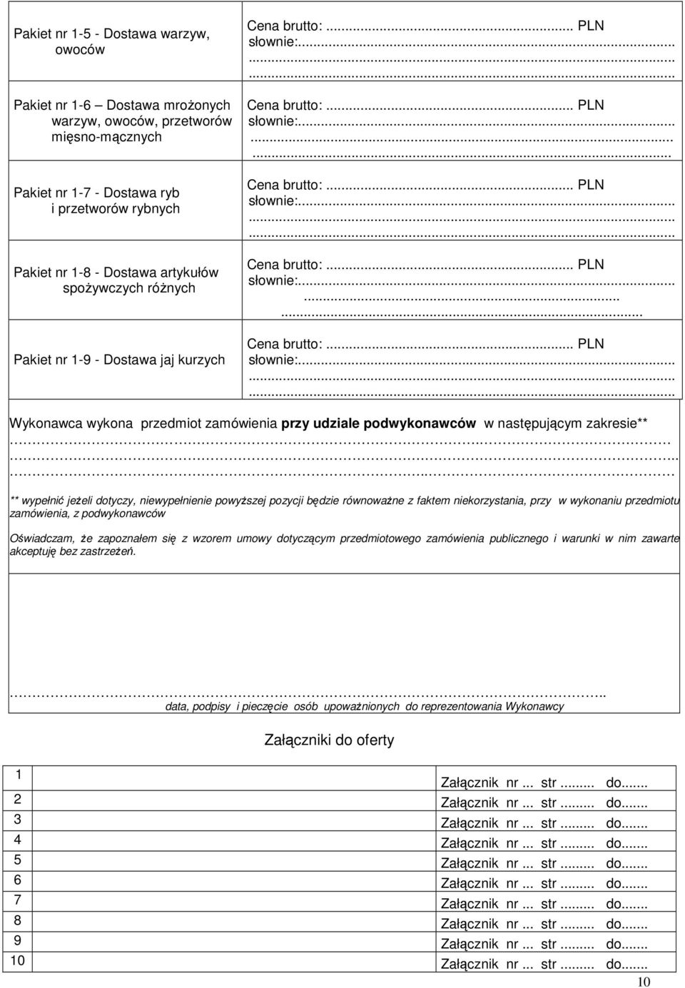 ..... ** wypełnić jeŝeli dotyczy, niewypełnienie powyŝszej pozycji będzie równowaŝne z faktem niekorzystania, przy w wykonaniu przedmiotu zamówienia, z podwykonawców Oświadczam, Ŝe zapoznałem się z