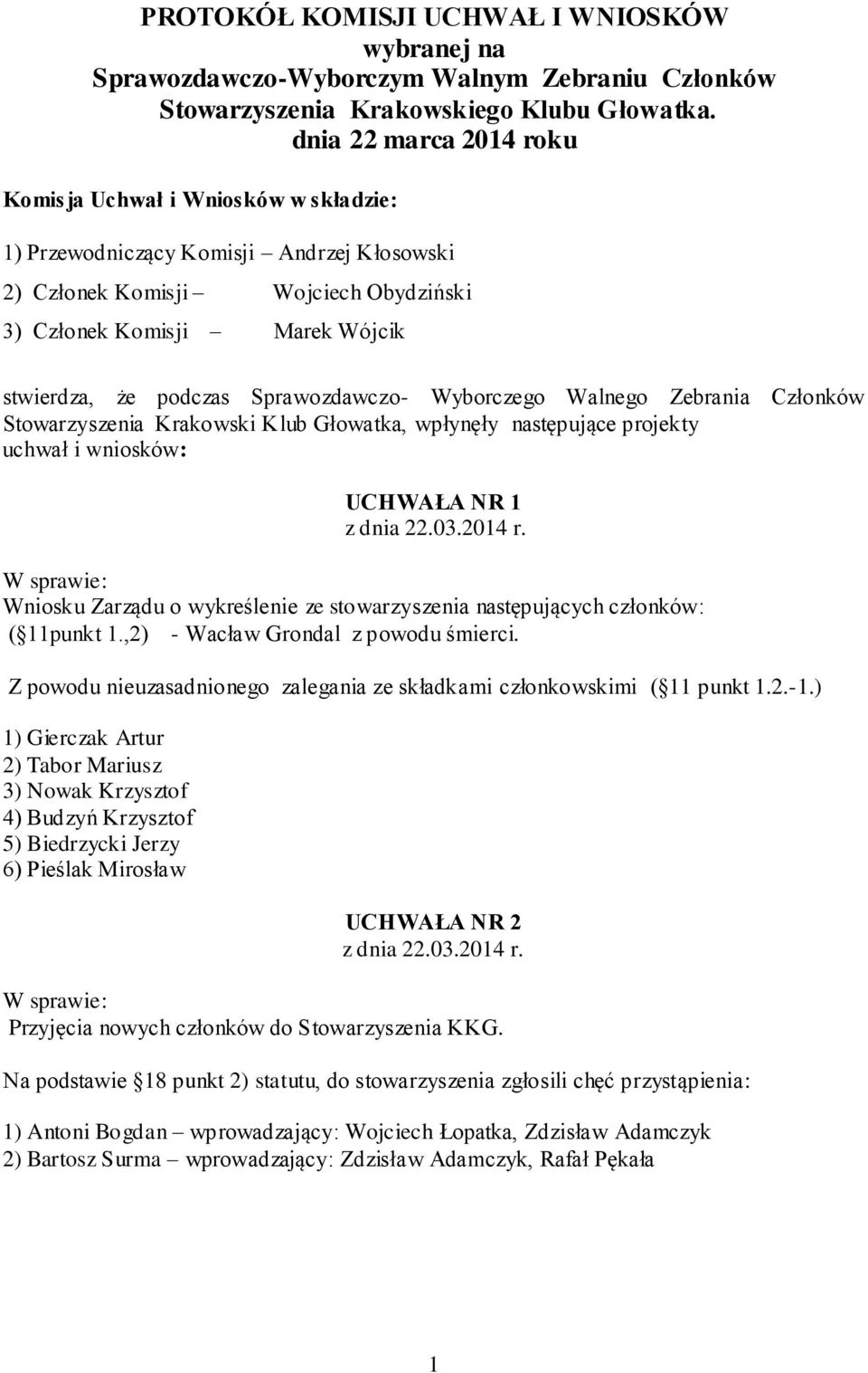 Sprawozdawczo- Wyborczego Walnego Zebrania Członków Stowarzyszenia Krakowski Klub Głowatka, wpłynęły następujące projekty uchwał i wniosków: UCHWAŁA NR 1 Wniosku Zarządu o wykreślenie ze