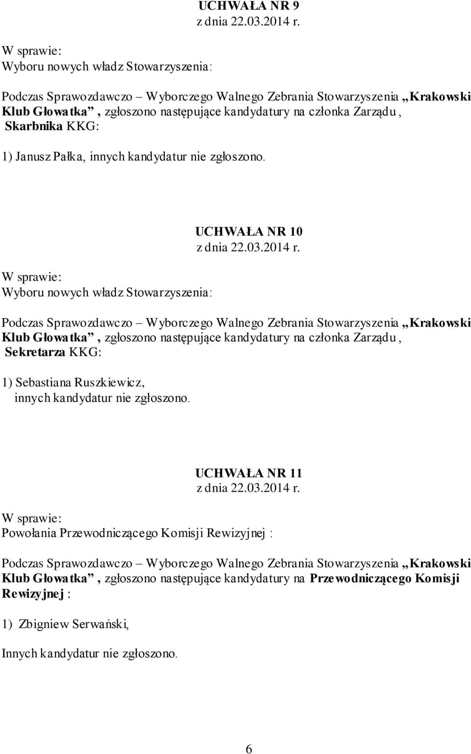 Wyboru nowych władz Stowarzyszenia: UCHWAŁA NR 10 Podczas Sprawozdawczo Wyborczego Walnego Zebrania Stowarzyszenia Krakowski Klub Głowatka, zgłoszono następujące kandydatury na członka Zarządu,