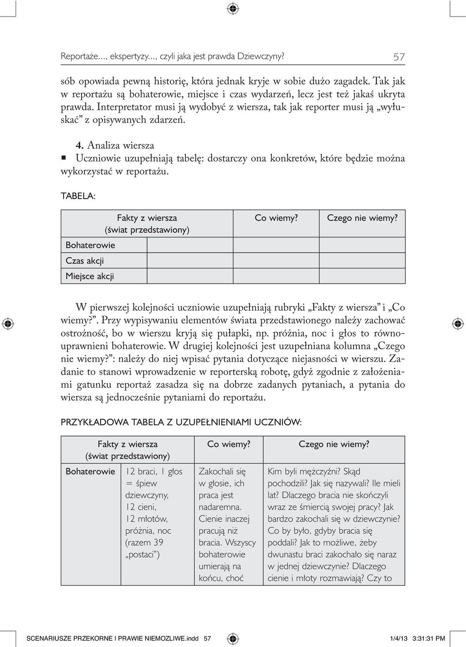 Analiza wiersza Uczniowie uzupełniają tabelę: dostarczy ona konkretów, które będzie można wykorzystać w reportażu.